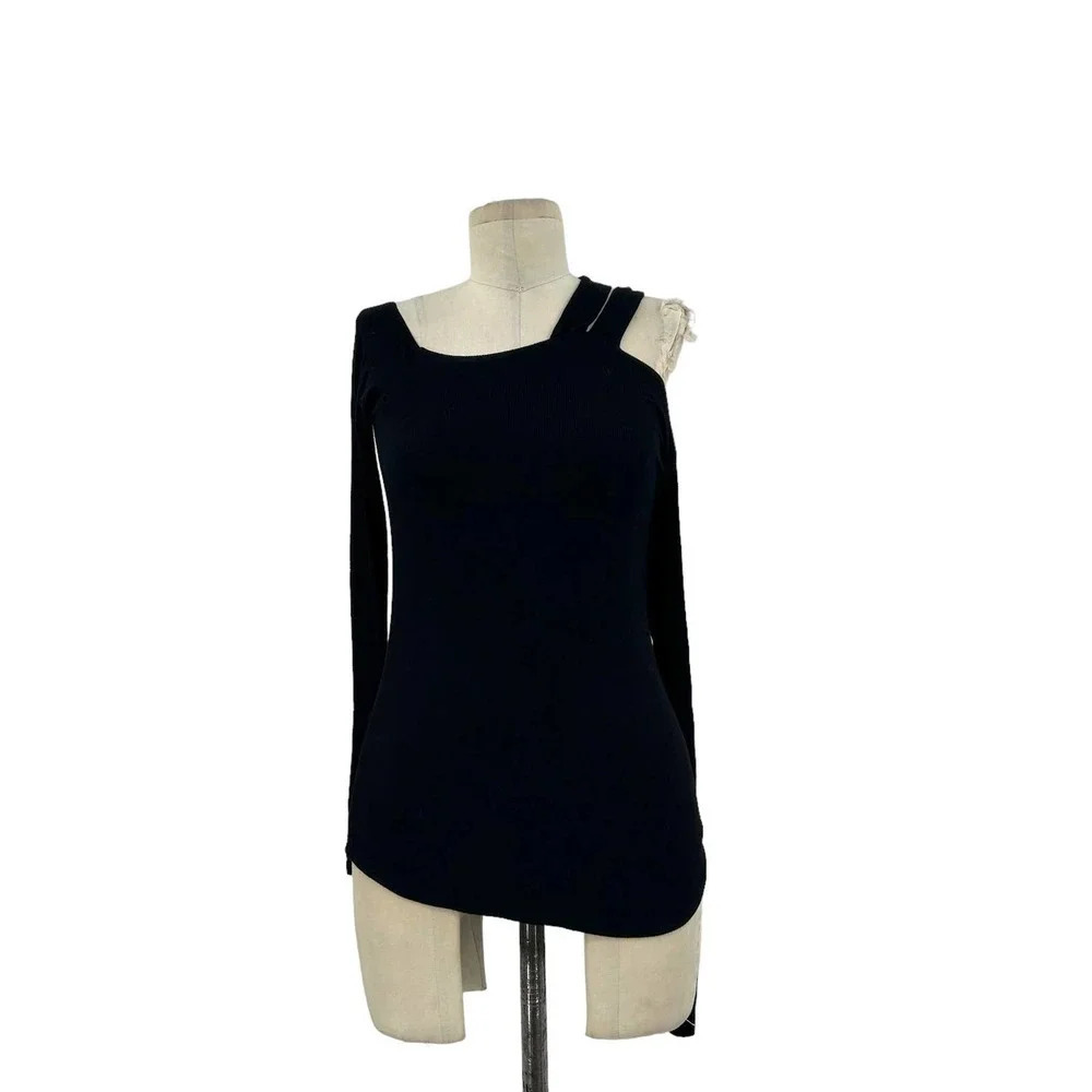 Michael Lauren One Shoulder Black Ribbed Long Sleeve Top Size XS